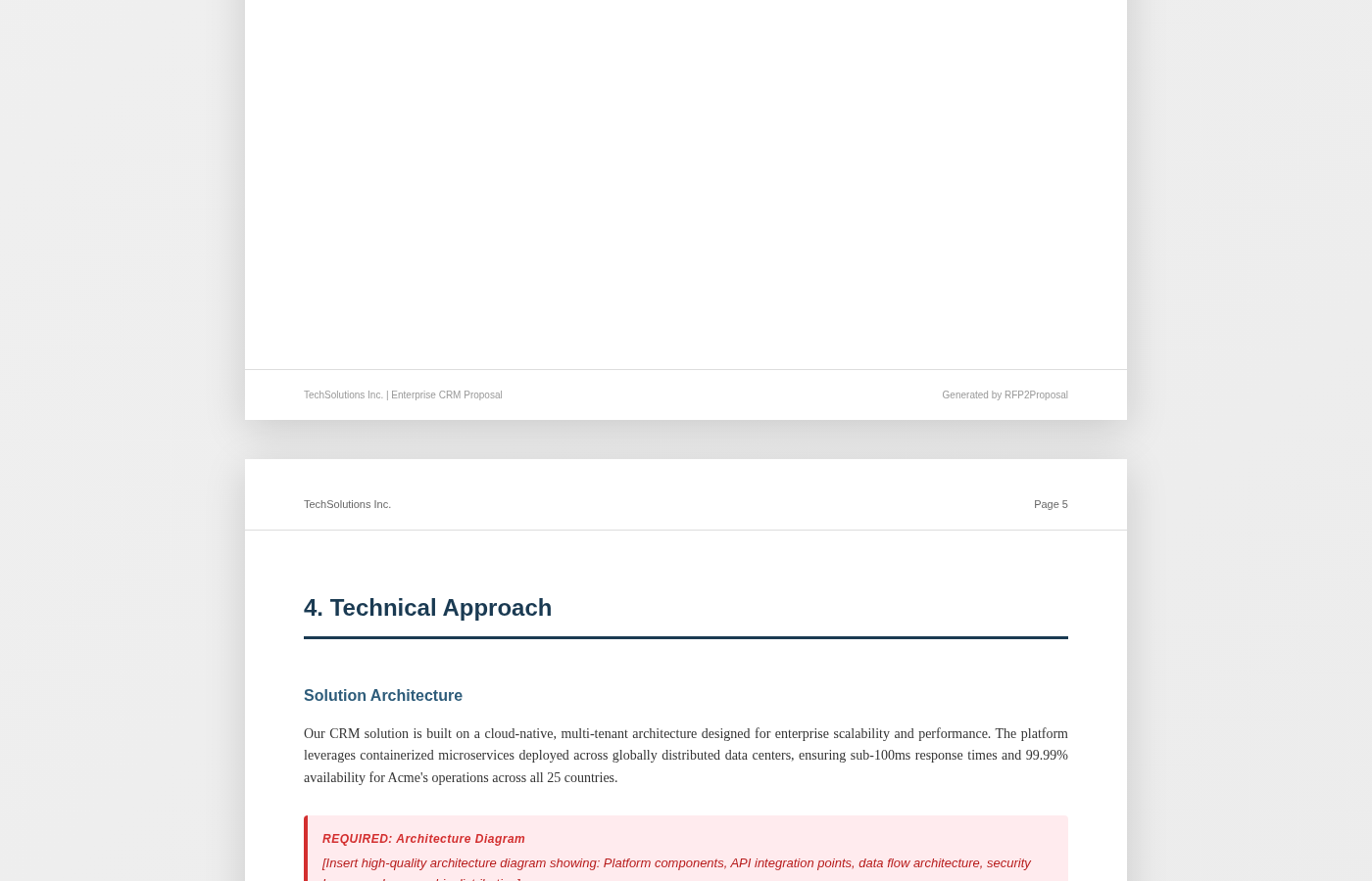 Technical Approach section showing a red REQUIRED placeholder